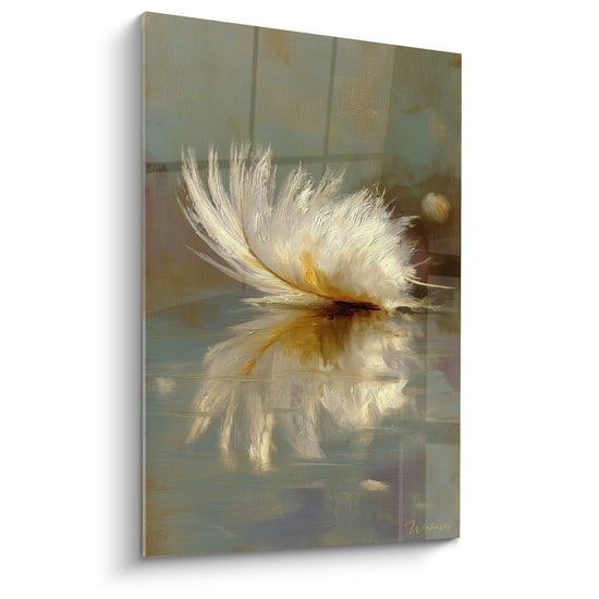 Tableau Plume Blanche et Dorée sur Reflets Aquatiques - Douceur Éthérée - Edition Plume