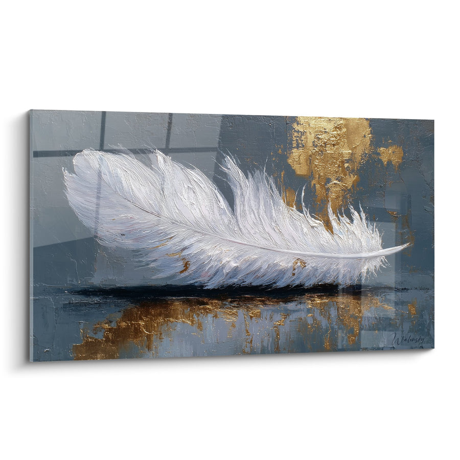 Tableau Plume Blanche sur Fond Bleu-Gris avec Reflets Dorés - Légèreté Éthérée - Edition Plume