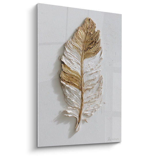 Tableau Plume Dorée et Blanche en Relief Texturé - Élégance Naturelle - Edition Plume