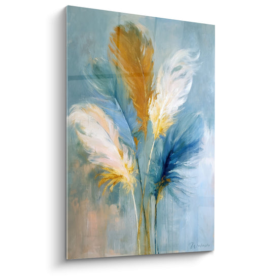 Tableau artistique plumes dorees bleues fond azur composition delicate style contemporain edition plume