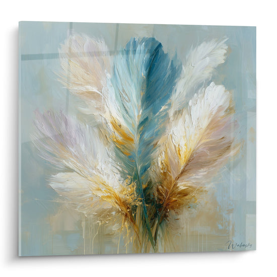 Tableau artistique de plumes majestueuses aux reflets dorés et bleus sur fond sage edition plume