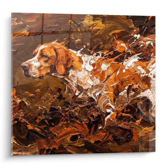 Tableau peinture Pointer Anglais dans feuillage automnal tons bruns roux empâtements expressifs