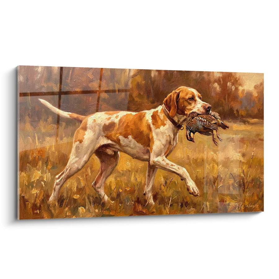 Tableau Pointer Anglais Rapportant du Gibier dans la Lumière Dorée - Scène de Chasse Classique - Edition Pointer Anglais
