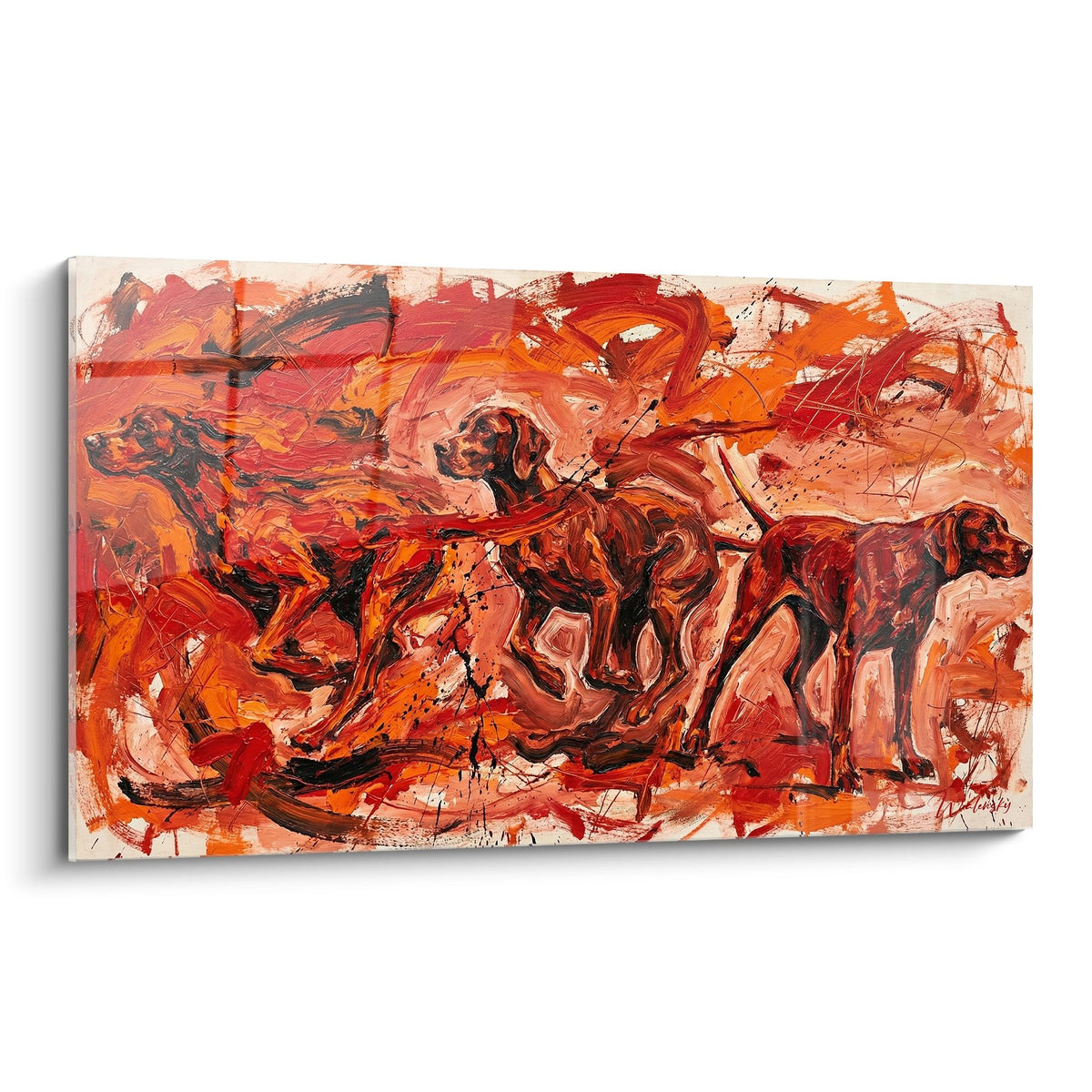 Tableau expressionniste Pointer Anglais tons rouge orange mouvement dynamique peinture gestuelle