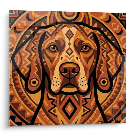 Tableau portrait Pointer Anglais stylise motifs geometriques tribaux tons oranges cuivres art ethnique moderne
