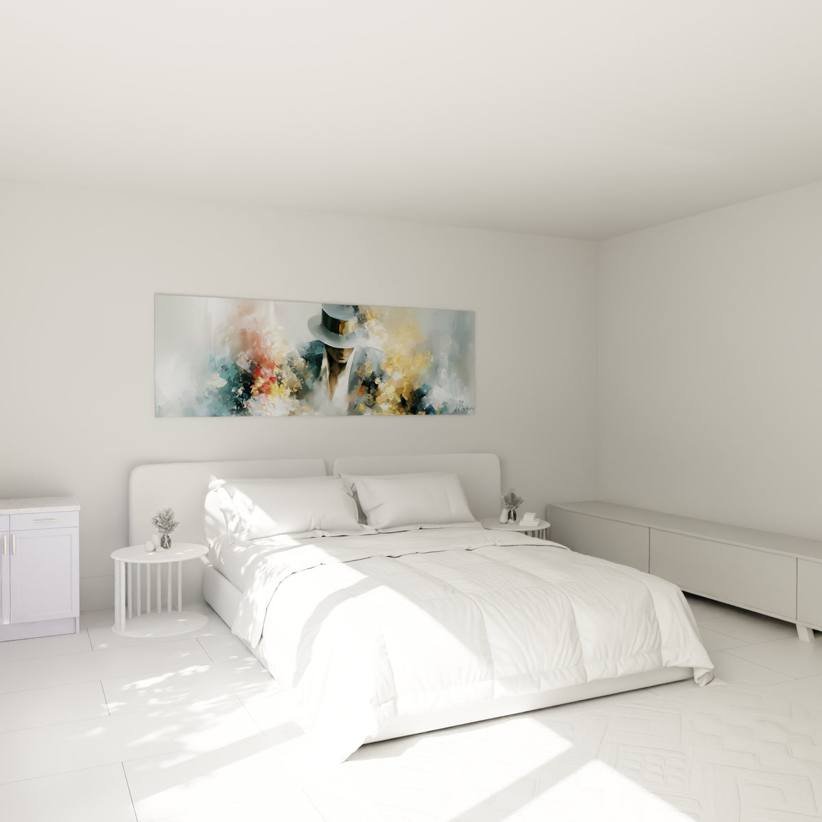 Silhouette élégante en chapeau haut-de-forme, tons gris et dorés, au-dessus d'un lit dans une chambre claire