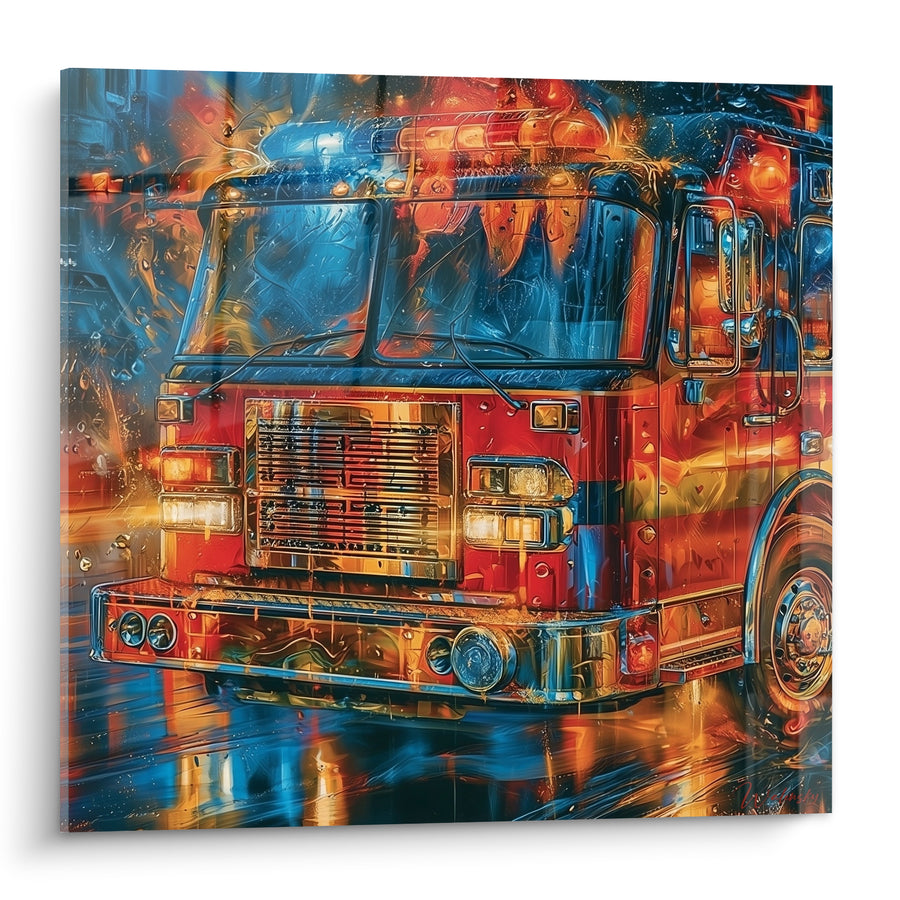 Tableau Camion rouge et bleu sous la pluie - Alerte nocturne - Edition Pompiers