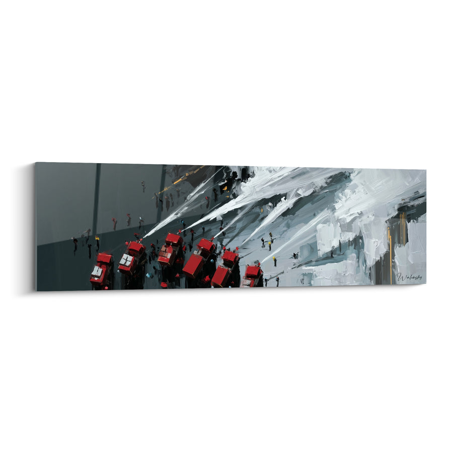 Tableau Camions rouges alignés jets blancs anthracite - Ligne de front - Edition Pompiers