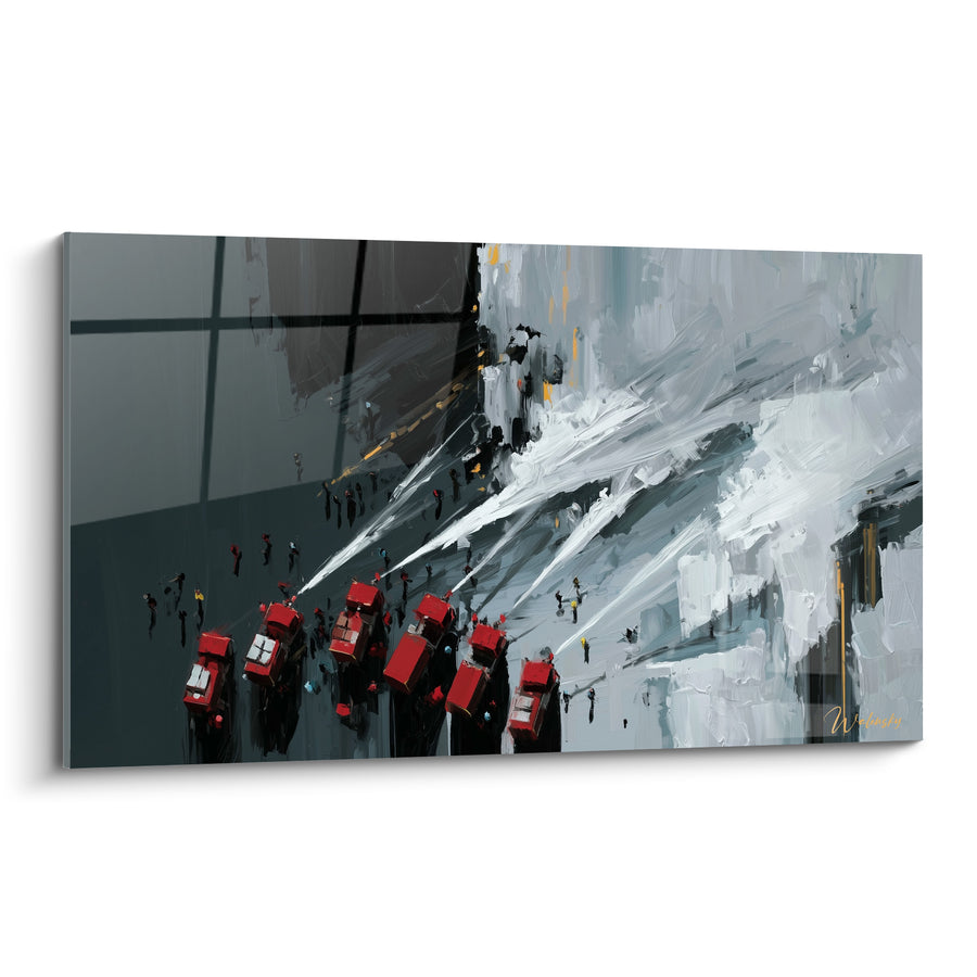 Tableau Camions rouges et jets d'eau blancs - Intervention d'urgence - Edition Pompiers