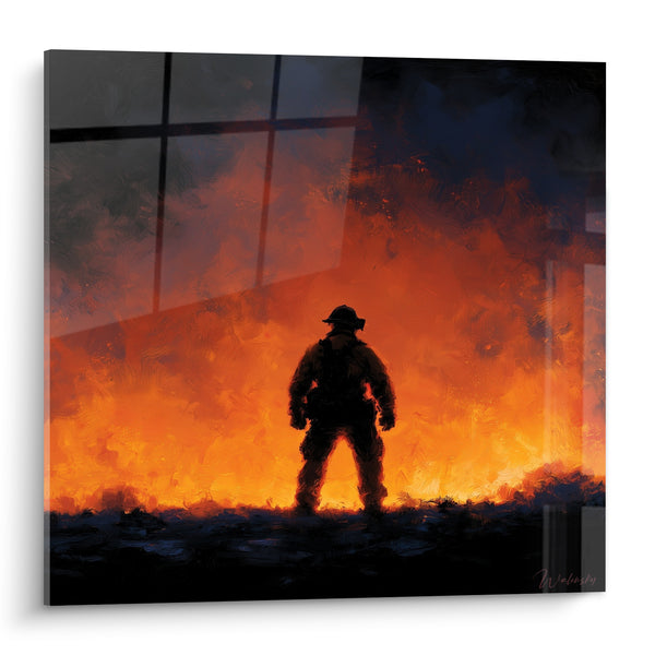 Tableau Pompier silhouette noire face aux flammes orangées - Face au brasier - Edition Pompiers