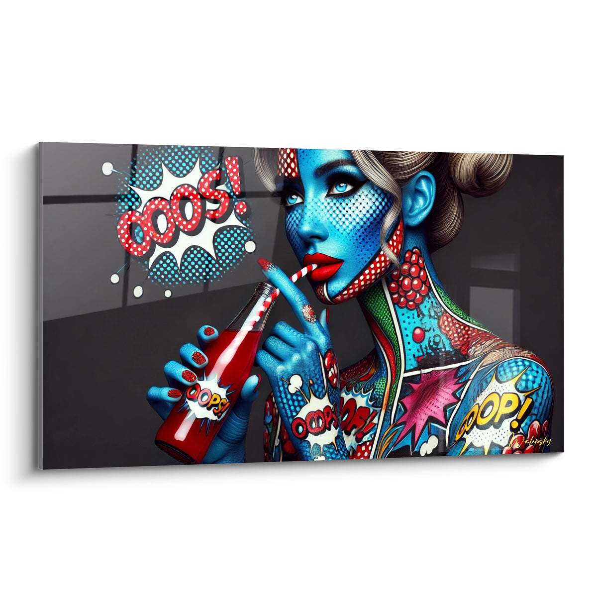 Visage bleu turquoise et bouche rouge carmin tenant une paille, style pop art abstrait sur fond anthracite