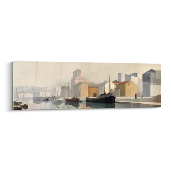 Tableau mural port industriel méditerranéen avec bateaux et architecture portuaire tons ocres