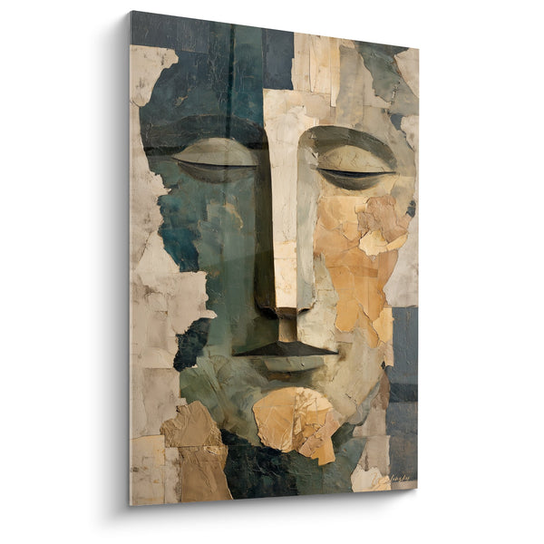 Tableau Visage Abstrait aux Tons Verts et Ocres - Sérénité Méditative - Edition Feng shui Est Bois
