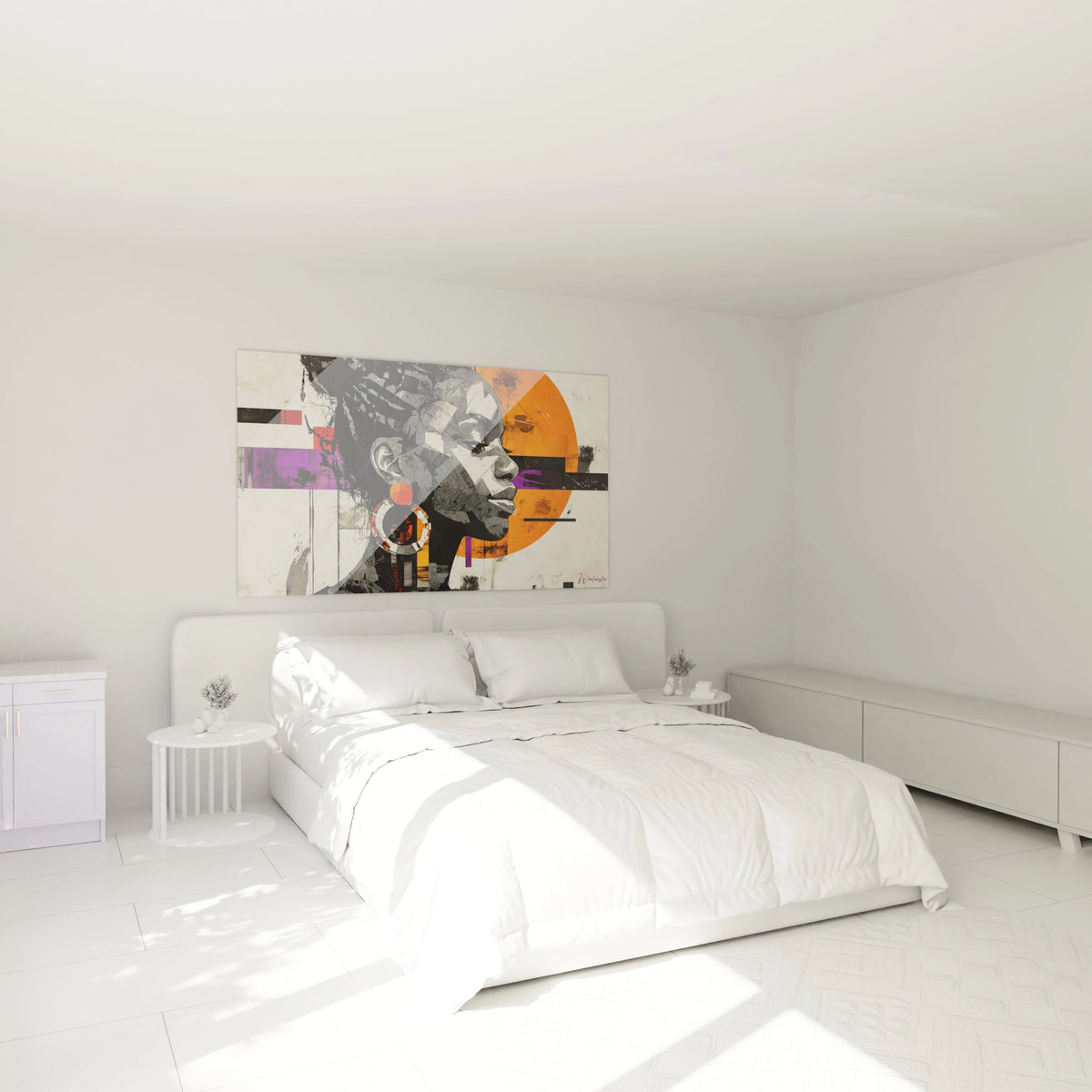 Tableau africain mural Walensky représentant portrait femme en noir blanc avec accents orange dans chambre moderne