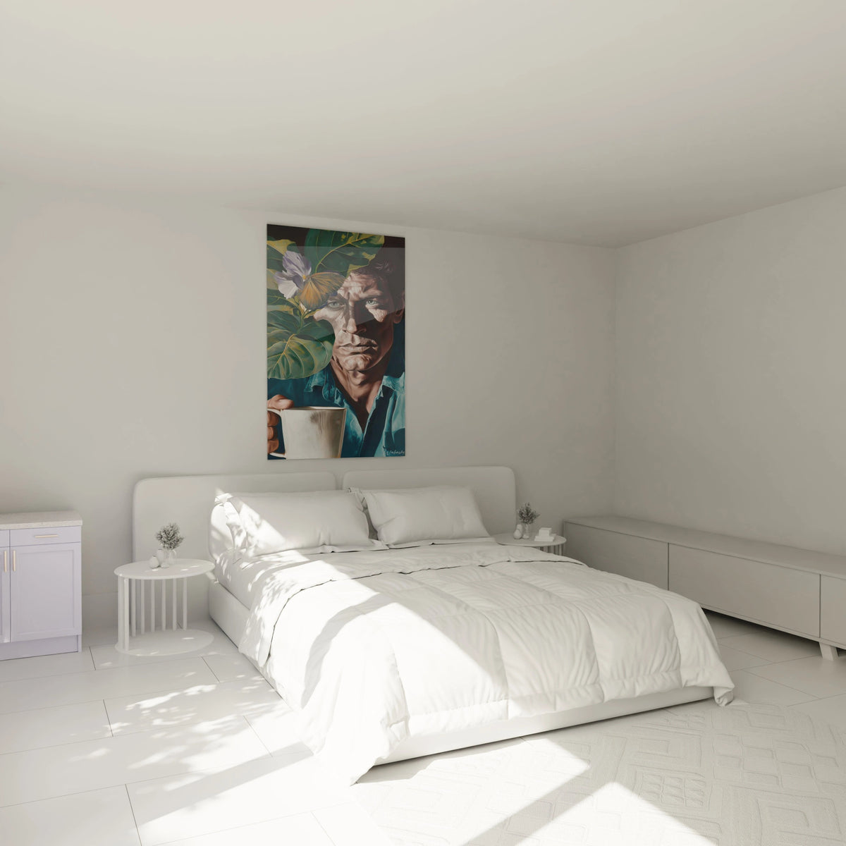 tableau portrait hyperréalisme Walensky accroché au dessus d un lit blanc minimaliste dans une chambre lumineuse