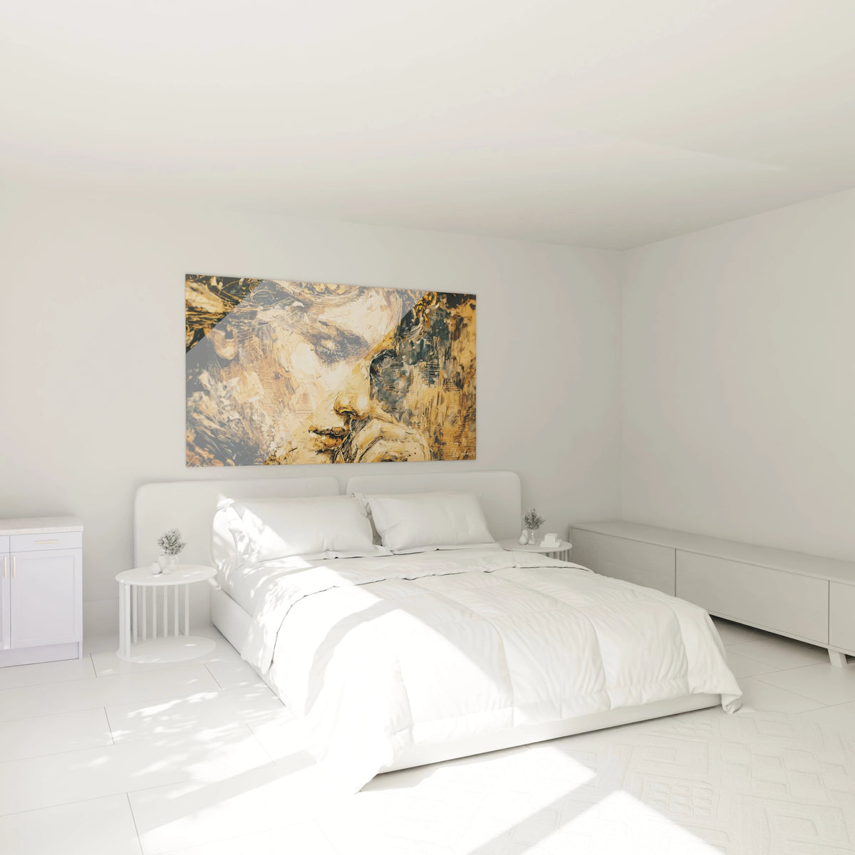 tableau portrait sfumato Walensky accroche au mur au dessus d un lit blanc minimaliste dans une chambre lumineuse moderne