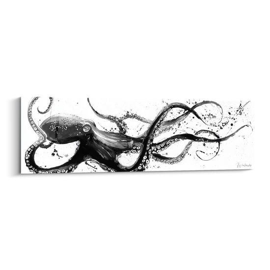 Poulpe noir aux tentacules déployées peint à l'encre sur fond blanc éclaboussé