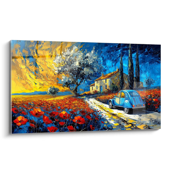 Tableau provence route coquelicots citroën 2cv bleue maison ocre cyprès ciel doré peinture impressionniste