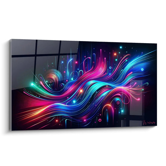Tableau abstrait représentant des rubans lumineux ondulants sur fond noir profond. Palette vibrante de bleu cyan, rose fuchsia, violet et touches orangées. Texture néon avec lignes fluides superposées et points lumineux colorés. Composition dynamique avec structures sinueuses entrelacées et courbes gracieuses créant un effet de mouvement continu.
