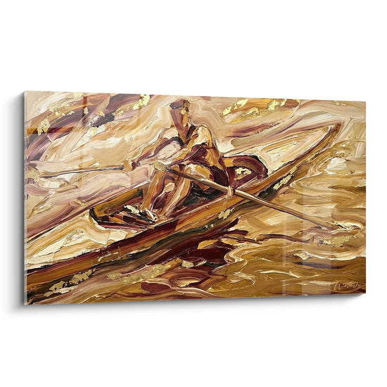 Tableau abstrait rameur en action tons dorés art mural aviron moderne