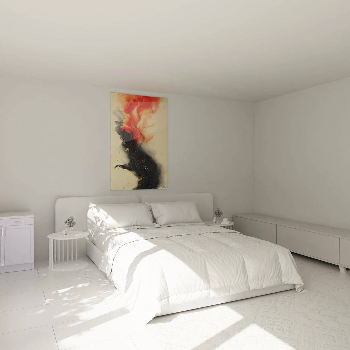 Tableau expressionnisme abstrait de Walensky avec des nuances de rouge et noir sur un mur de chambre moderne
