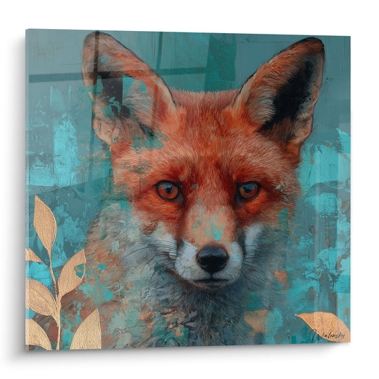 Renard roux au regard ambré peint sur fond turquoise avec feuillages dorés stylisés