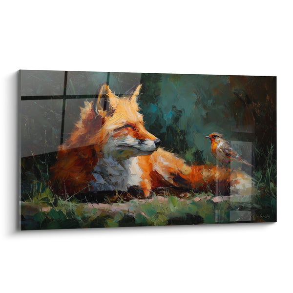 Tableau Renard roux allongé près d'un rouge-gorge - Trêve dans la clairière - Edition Renard