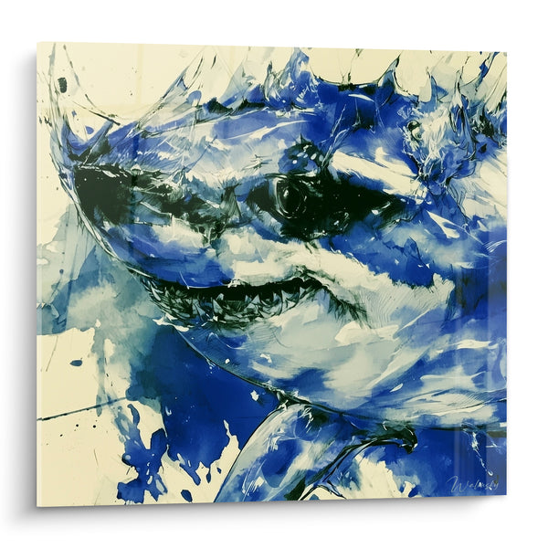 Tableau Requin bleu et ivoire à l'aquarelle - Fureur des profondeurs - Edition Requin