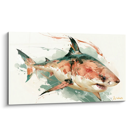 Requin corail et vert sauge peint en aquarelle, gueule entrouverte, fond blanc épuré