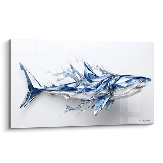 Requin bleu marine et blanc en facettes cristallines, profil complet sur fond clair épuré