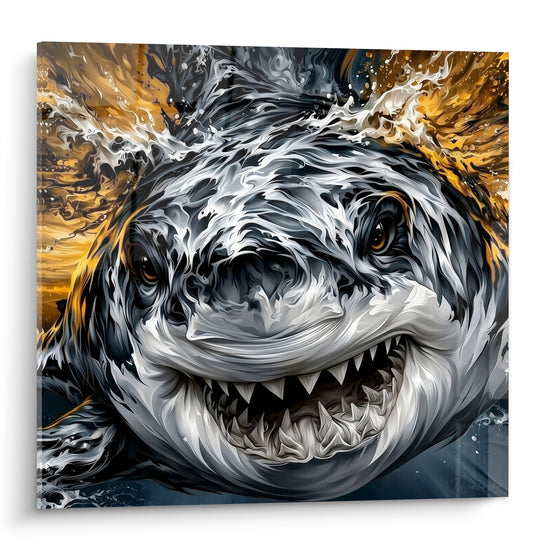 Requin gris anthracite et doré, gueule ouverte, texture peinture fluide et dents acérées visibles