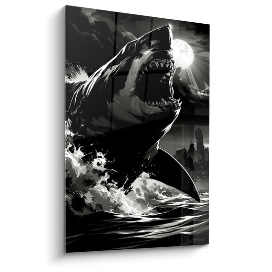 Tableau Requin bondissant noir et blanc sous la lune - Surgissement nocturne - Edition Requin
