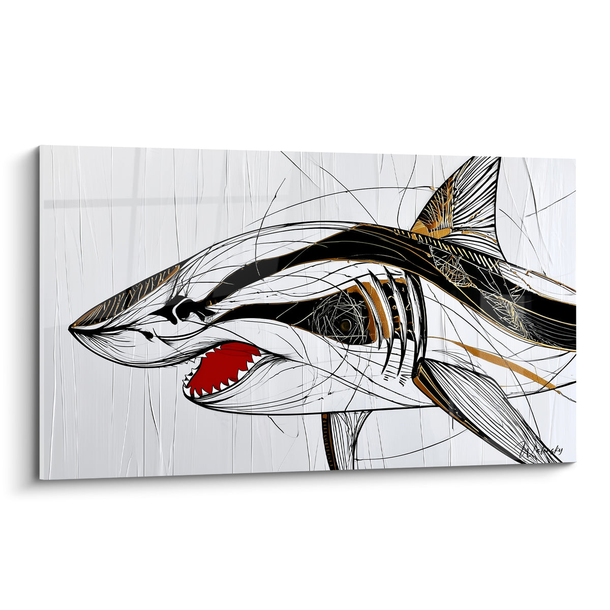 Requin graphique noir et doré, gueule rouge béante, dessin détaillé sur fond blanc strié