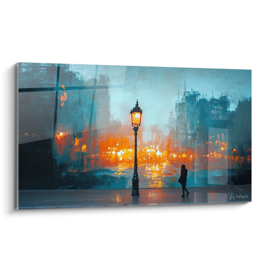 Tableau nocturne urbain représentant une silhouette solitaire près d'un réverbère allumé, avec des tons bleu profond et des lumières orangées qui se reflètent sur le sol humide, créant une atmosphère mélancolique dans un paysage urbain brumeux.
