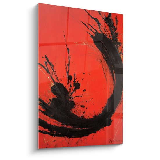Tableau abstrait rouge vermillon avec projections noires expressionnistes, energie feng shui sud feu