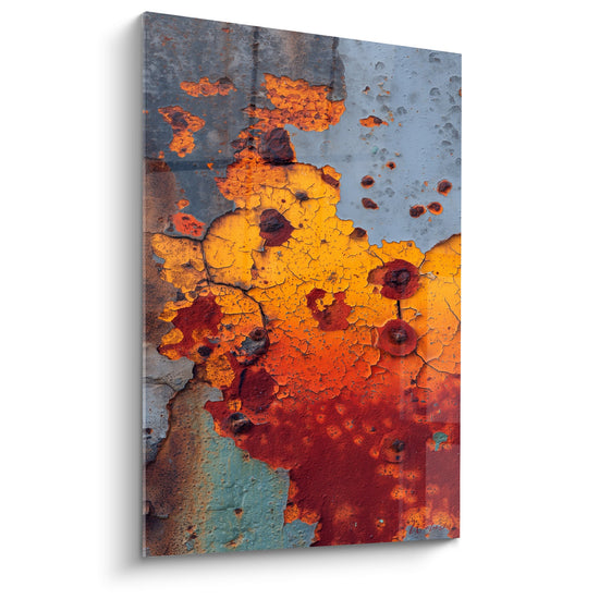 Tableau abstrait rouille orange rouge metal patine feng shui sud feu decoration murale industrielle