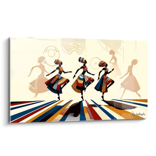 Le tableau africain, vu de biais, capture la fluidité des silhouettes dansantes avec des lignes dynamiques. L’orange vif, le bleu marine et le beige apportent chaleur et sérénité à l’œuvre.

