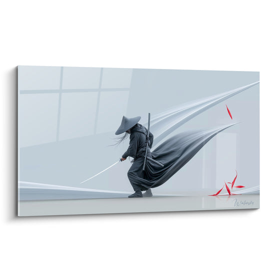 Samouraï anthracite accroupi, katana dégainé, drapé gris fluide et feuilles rouges éparses