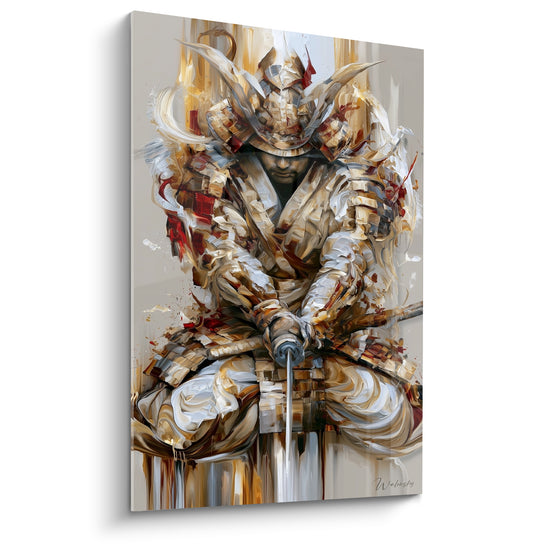 Tableau Guerrier ivoire et doré au sabre vertical - Casque à cornes recourbées effilées - Edition Samouraï