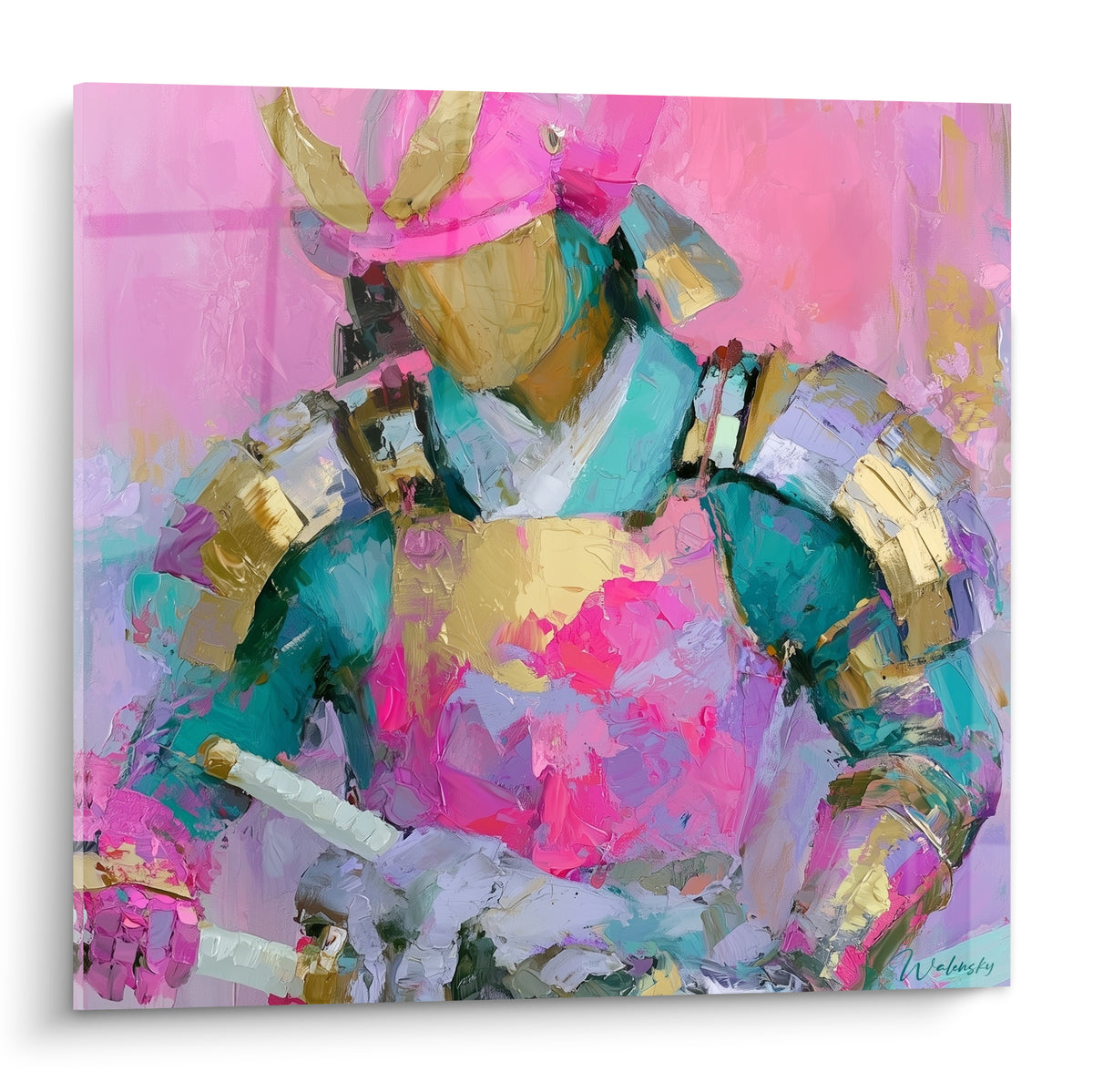 Samouraï casqué en armure turquoise et dorée sur fond rose fuchsia peint à la spatule