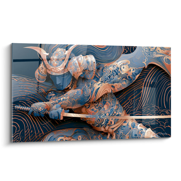 Tableau Guerrier bleu et cuivré aux vagues gravées - Cornes recourbées du casque - Edition Samouraï