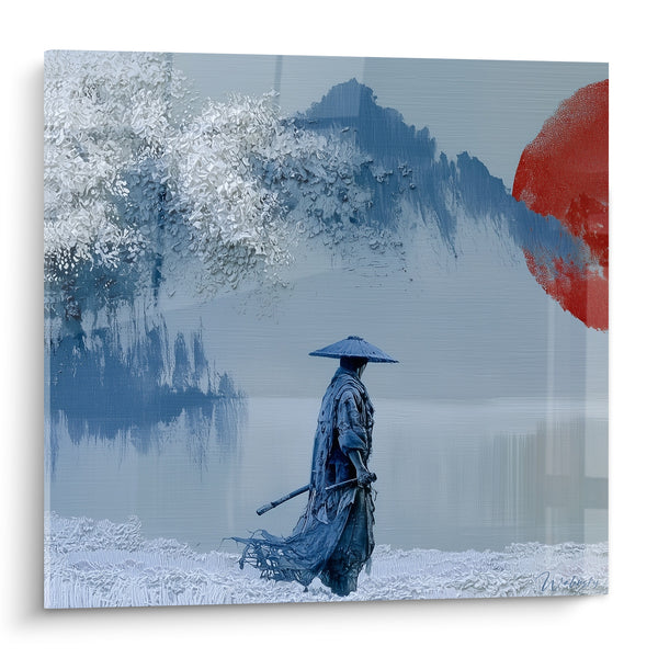 Tableau Guerrier bleu et blanc face au lac gelé - Cerisier enneigé et montagne - Edition Samouraï