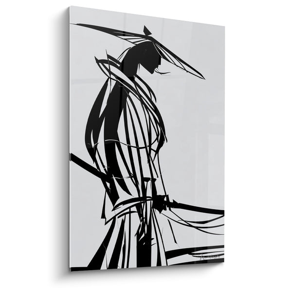Tableau Guerrier noir et blanc au chapeau conique effilé - Silhouette filiforme au vent - Edition Samouraï