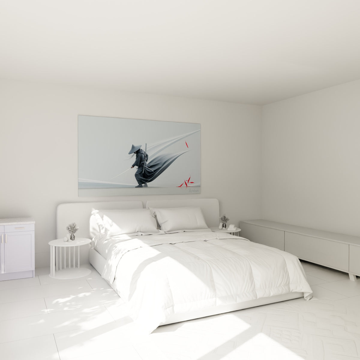 Guerrier vêtu de gris tenant un sabre, drapé sculptural, accroché au-dessus d'un lit dans une chambre claire