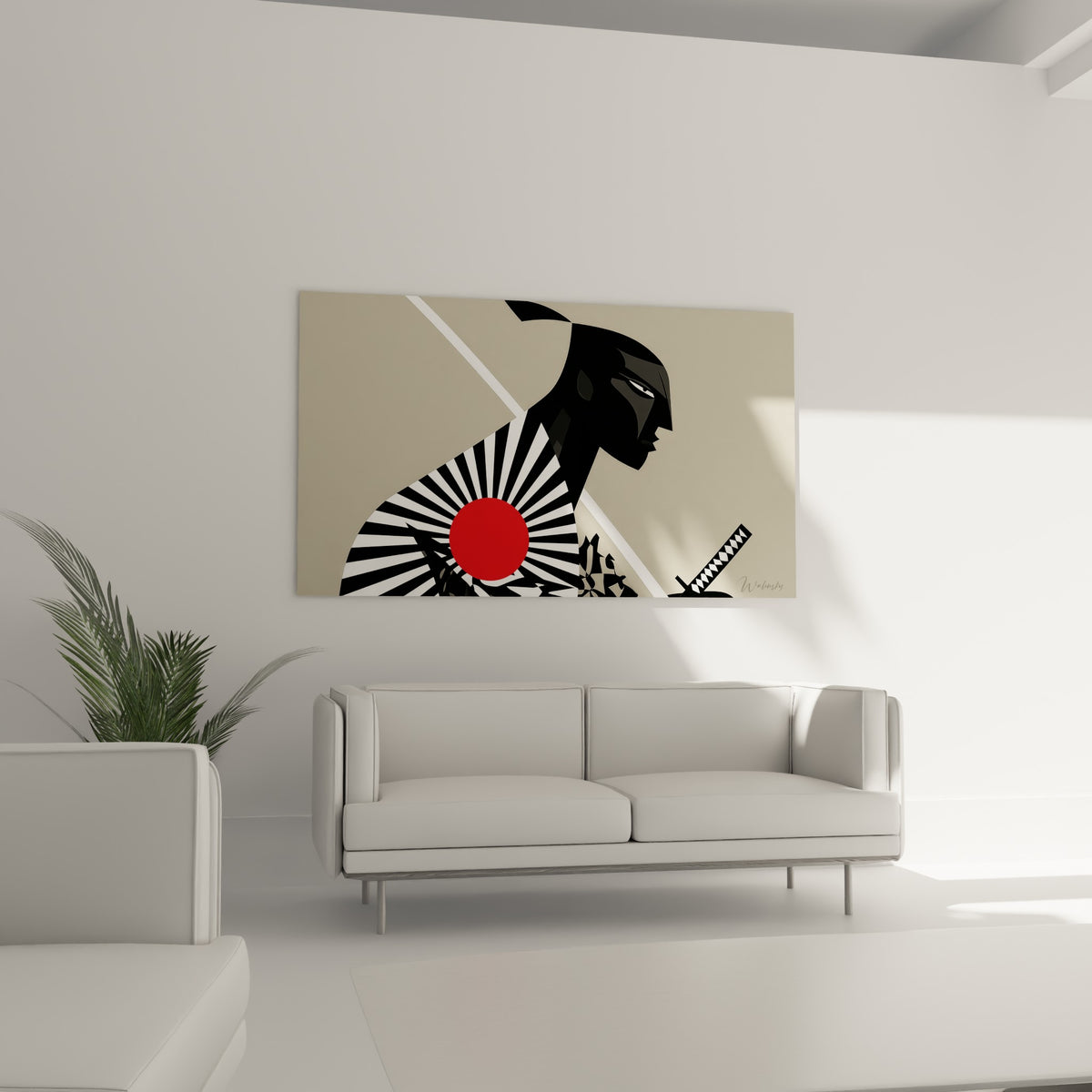 Silhouette Samouraï anthracite et disque rouge accrochée au-dessus d'un canapé dans un salon lumineux