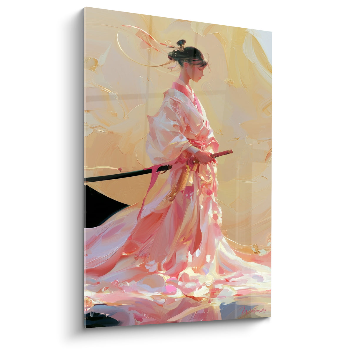 Samouraï en kimono rose et blanc tenant un sabre au fourreau noir sur fond doré