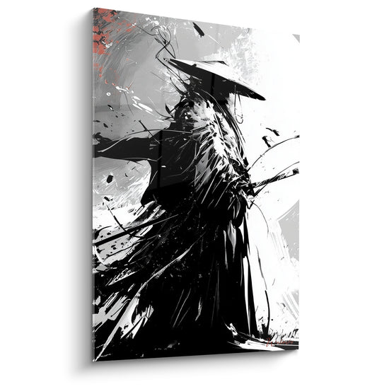 Tableau Guerrier chapeau conique noir et blanc éclaboussures d'encre - Coin rouge éclaté - Edition Samouraï