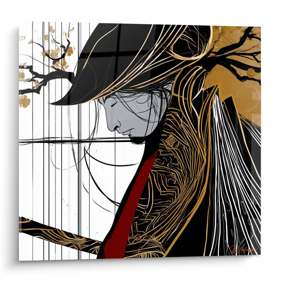 Samouraï au visage incliné, armure noire et dorée, branche fleurie sur fond blanc rayé