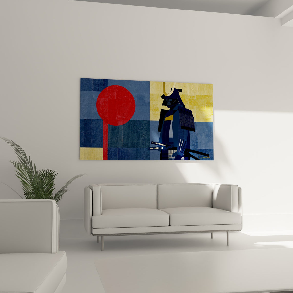 Silhouette du samouraï en armure dorée et bleu ardoise, positionnée au-dessus d'un canapé dans un salon lumineux