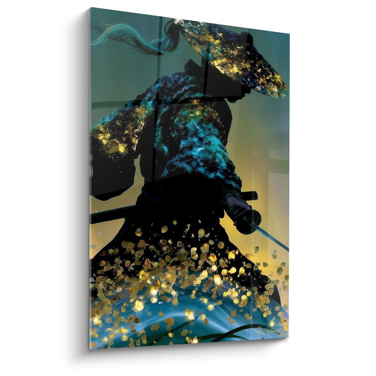 Samouraï silhouette noire au chapeau conique doré, particules turquoise et or se dispersant sur fond vert d'eau